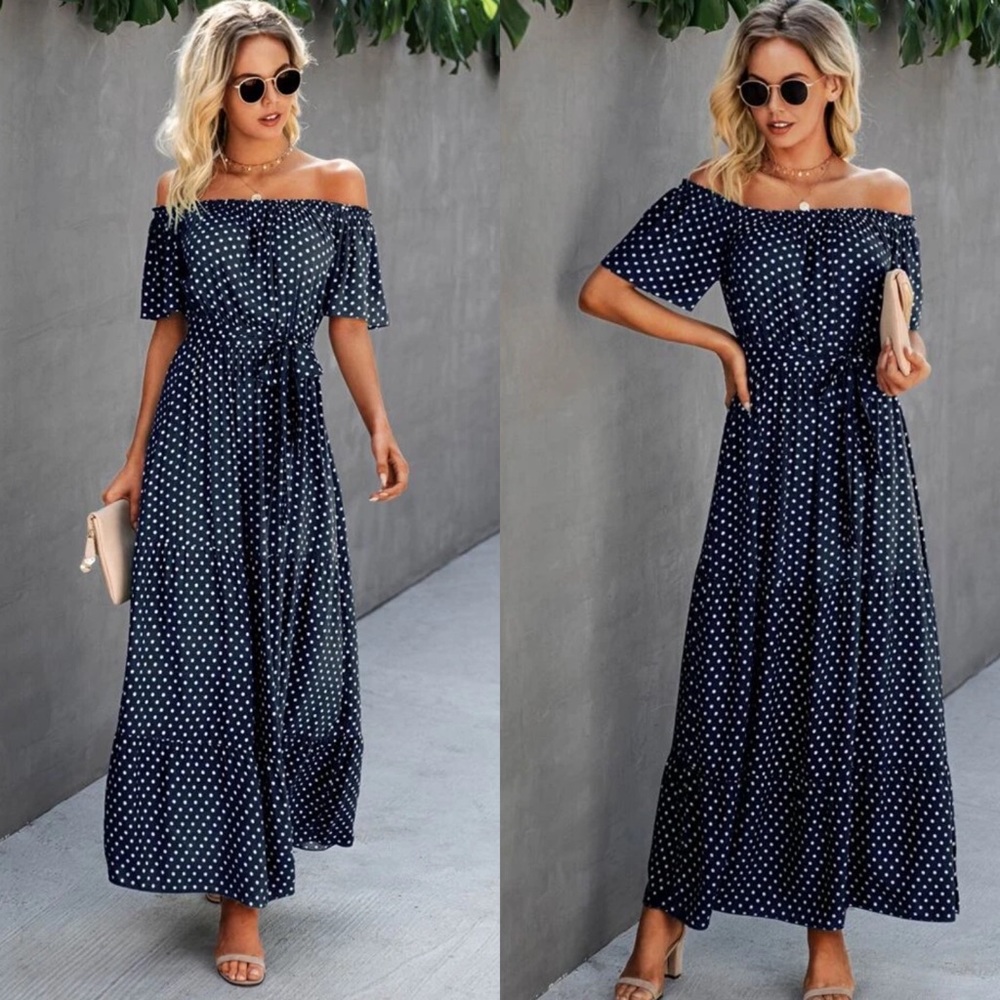 Polka dot off shoulder navy maxi dress